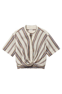 Leonore Short Sleeve Striped Linen Shirt in Panna Multi