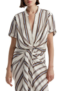 Leonore Short Sleeve Striped Linen Shirt in Panna Multi