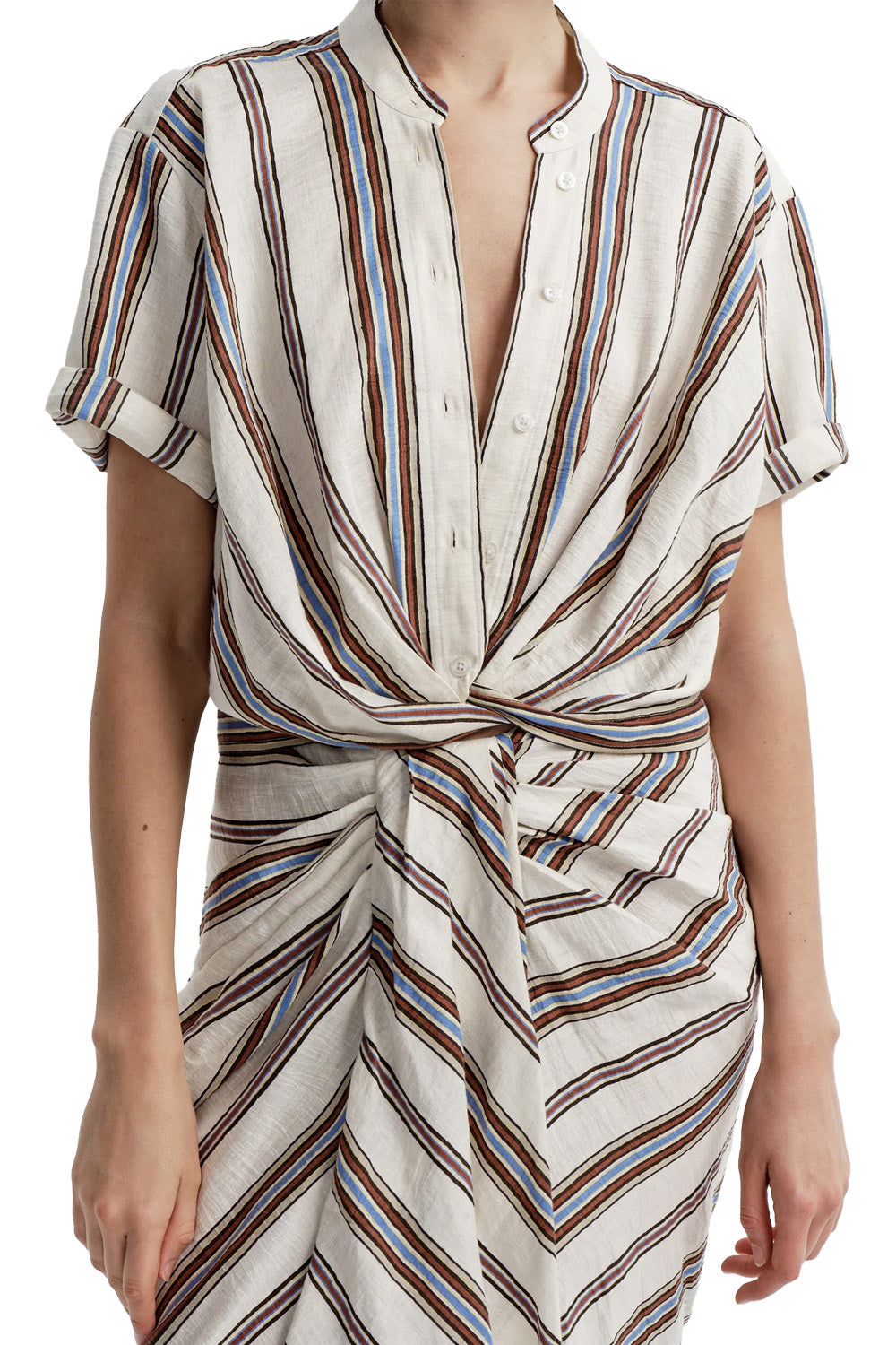Leonore Short Sleeve Striped Linen Shirt in Panna Multi