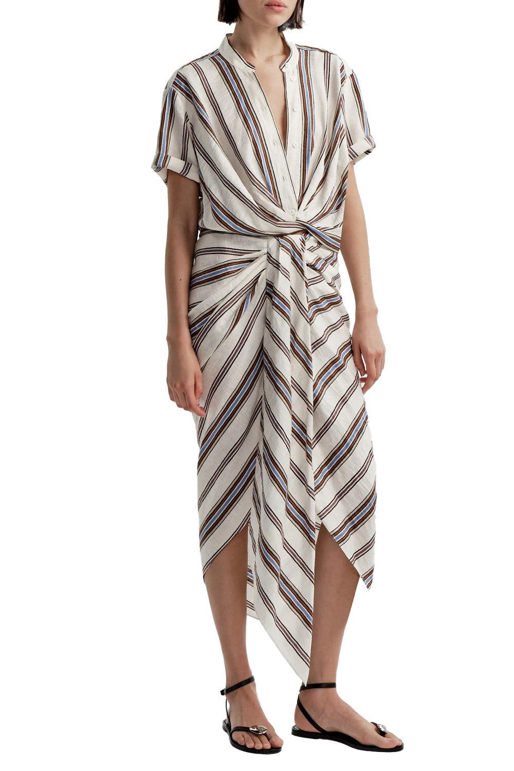 Leonore Short Sleeve Striped Linen Shirt in Panna Multi