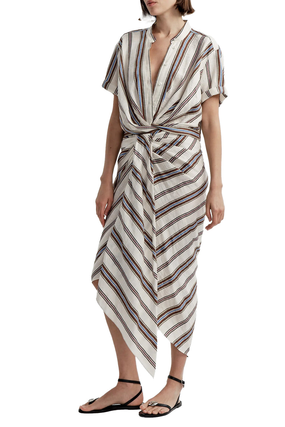 Leonore Short Sleeve Striped Linen Shirt in Panna Multi