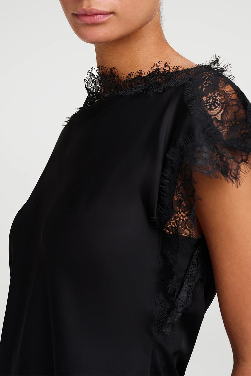 Luna Satin and Lace Top in Black