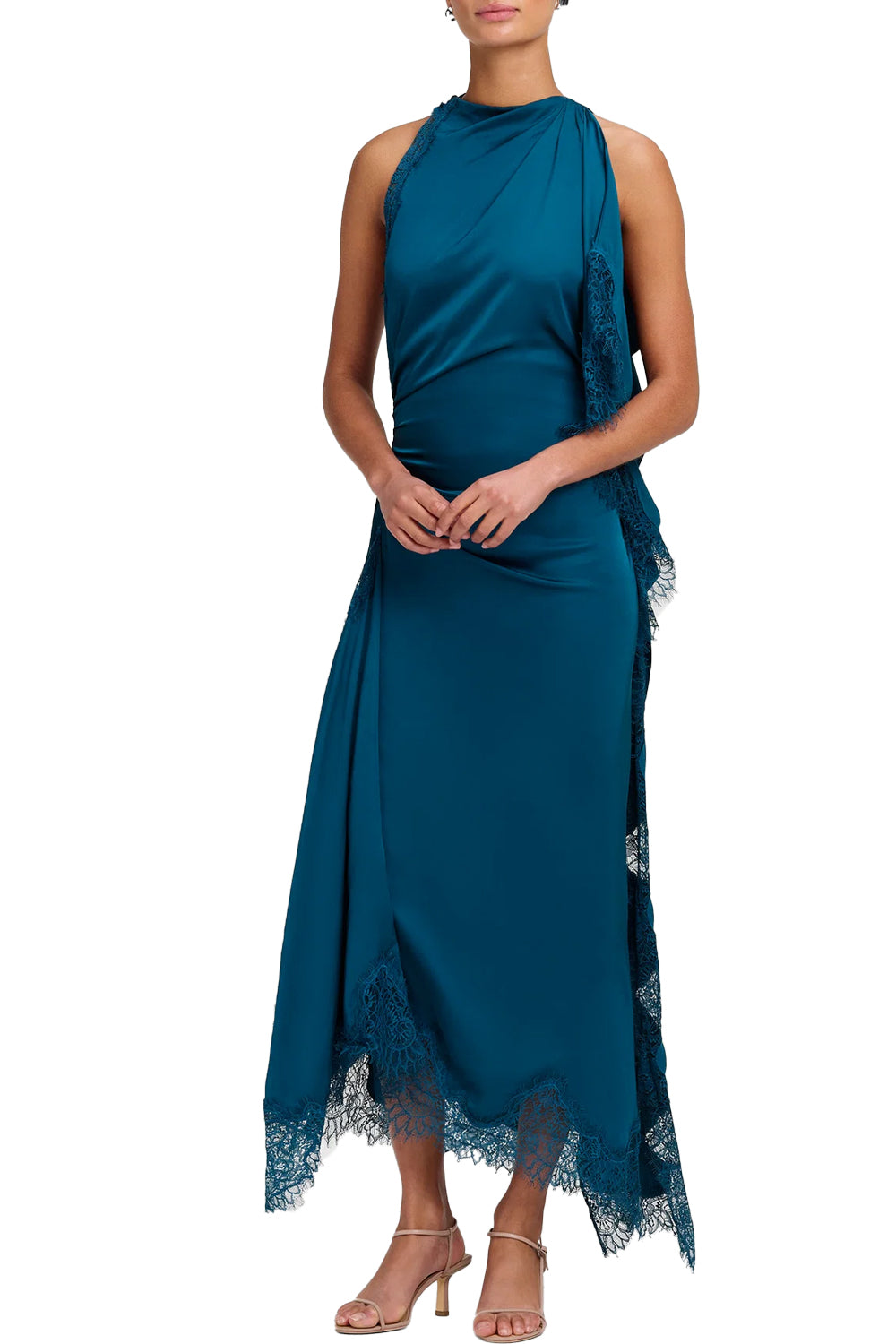 Miriam Satin and Lace Maxi Dress in Light Teal/Light Teal