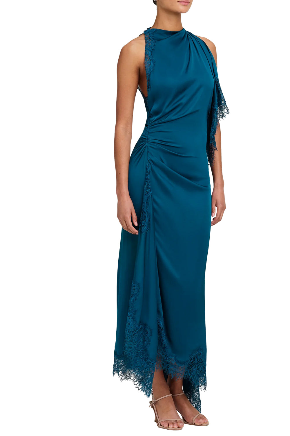 Miriam Satin and Lace Maxi Dress in Light Teal/Light Teal