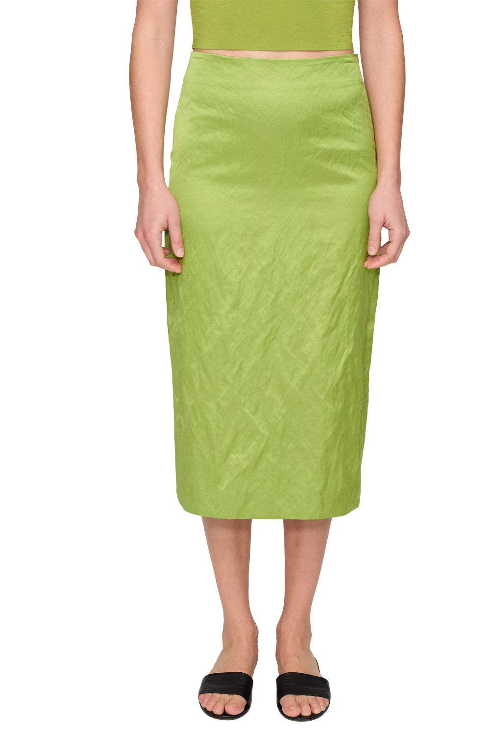 Phoebe Satin Midi Skirt in Green Meadow