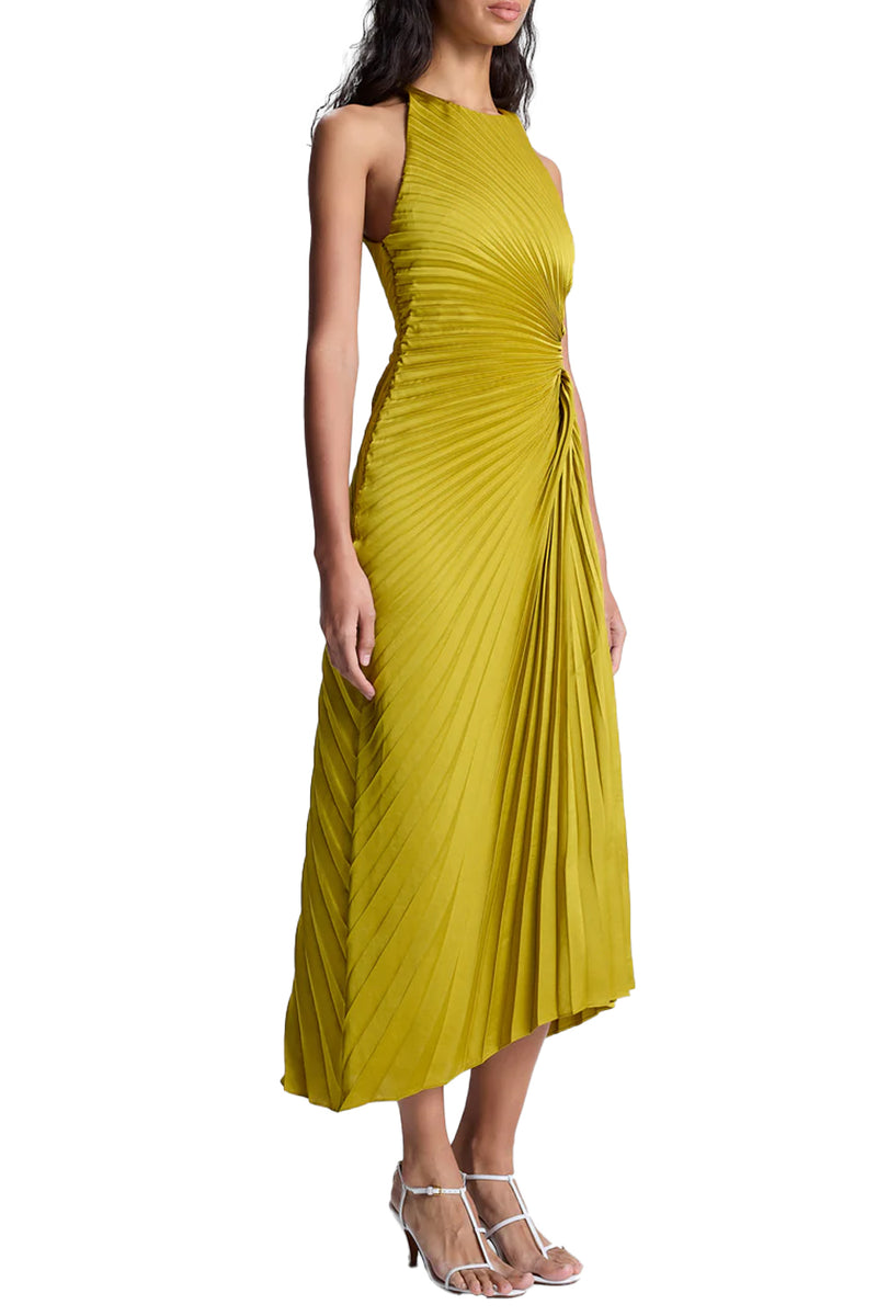 Reagan Satin Pleated Midi Dress in Cactus Bloom