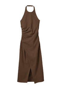 Sylvie Linen Midi Halter Dress in Milk Chocolate