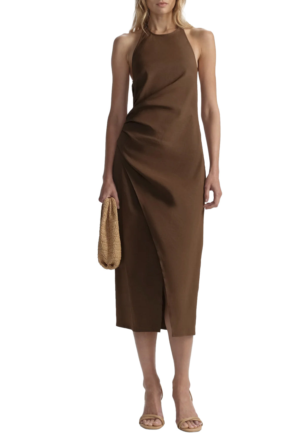 Sylvie Linen Midi Halter Dress in Milk Chocolate
