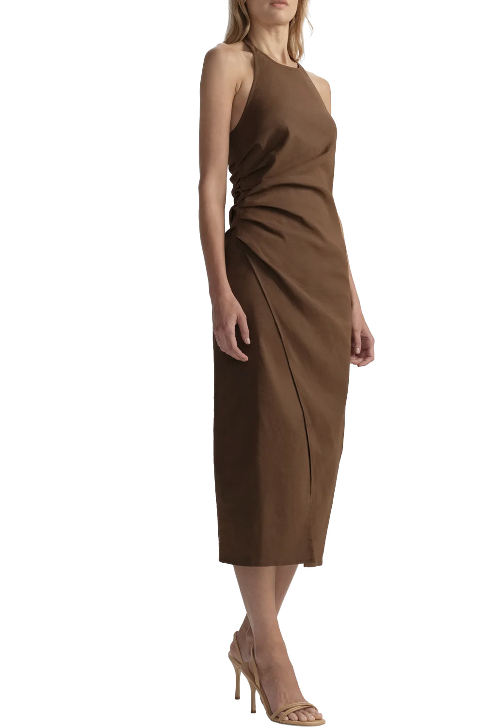 Sylvie Linen Midi Halter Dress in Milk Chocolate