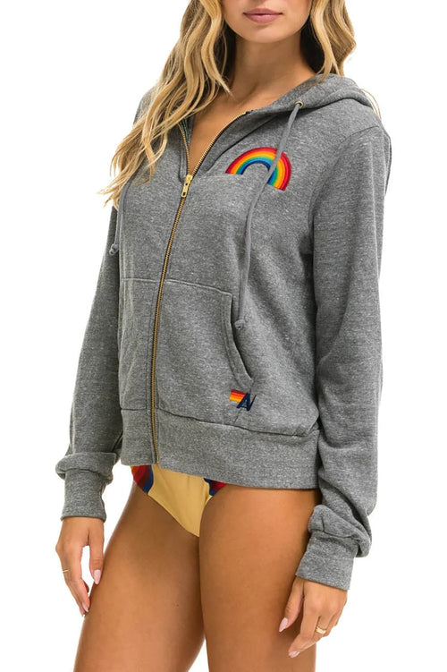 Rainbow Embroidery Zip Hoodie in Heather Grey
