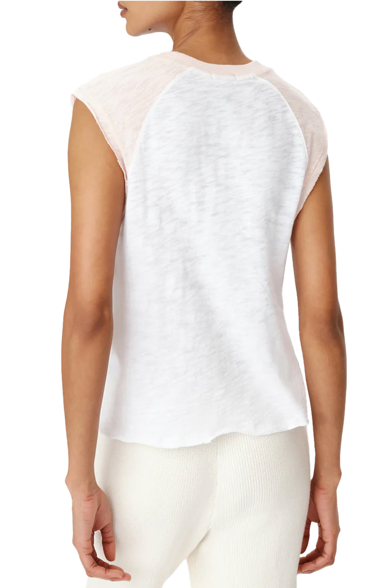 Slub Jersey Sleeveless Baseball Muscle Tee in White & Oyster Pink