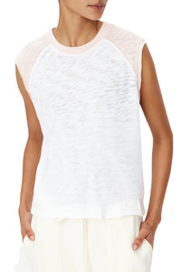 Slub Jersey Sleeveless Baseball Muscle Tee in White & Oyster Pink