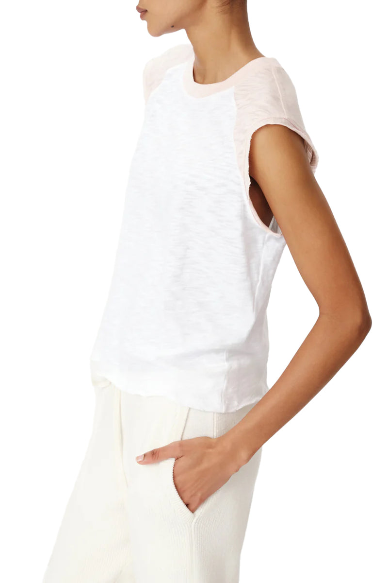 Slub Jersey Sleeveless Baseball Muscle Tee in White & Oyster Pink