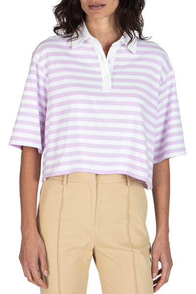 Heavyweight Jersey Stripe Polo in White and Pale Orchid