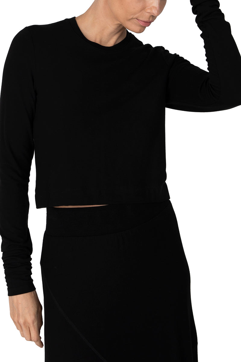 Viscose Blend Jersey Cropped Long Sleeve Tee in Black