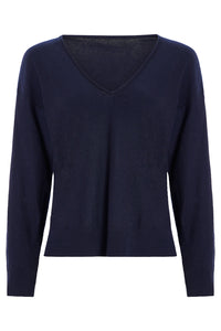 Cotton Cashmere Boxy V-Neck Sweater in Dark Navy