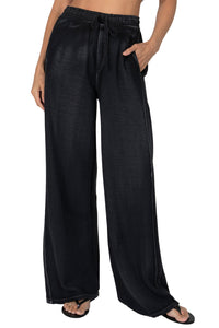 Pique Mixed Media Wide Leg Pants in Black