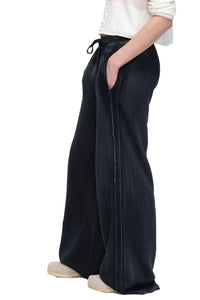 Pique Mixed Media Wide Leg Pants in Black