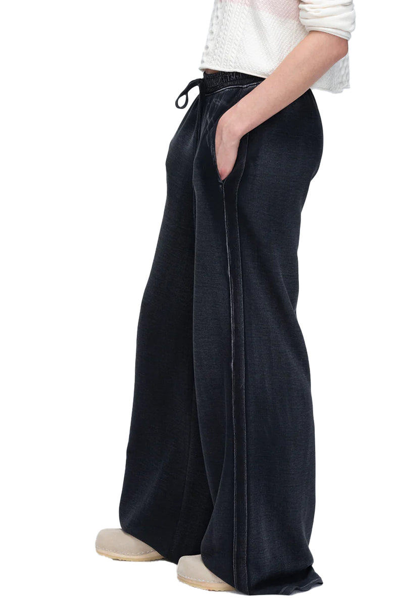 Pique Mixed Media Wide Leg Pants in Black