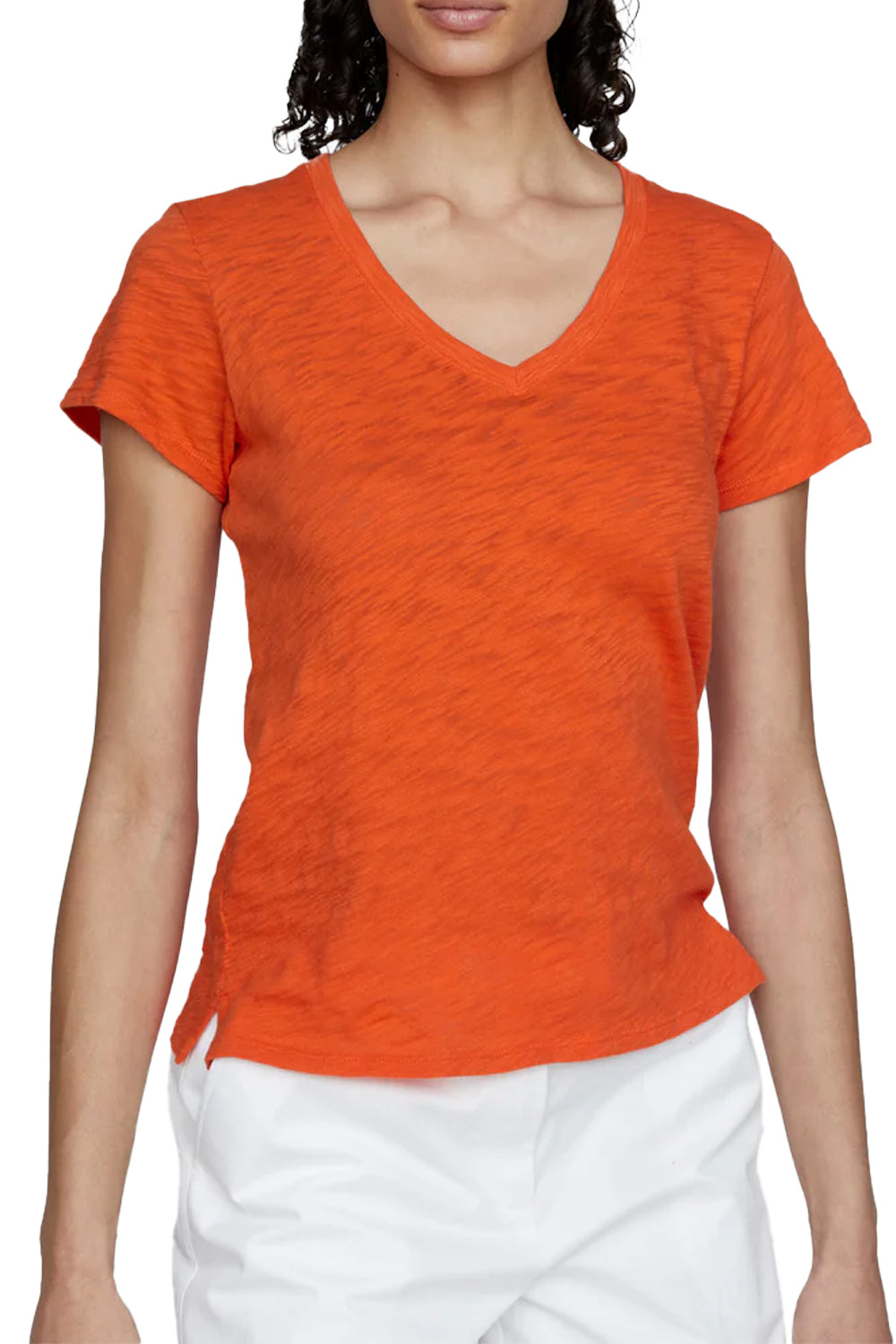 Slub Jersey Short Sleeve V Neck Tee in Tomato