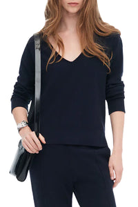 Cotton Cashmere Boxy V-Neck Sweater in Dark Navy