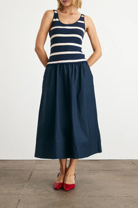 Amber Dress in Maritime Blue Cream Wide Stripe