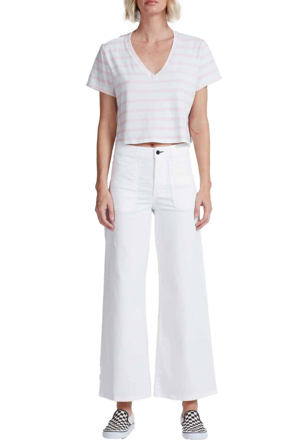 Shrunken V Tee in Thin Stripe Pink