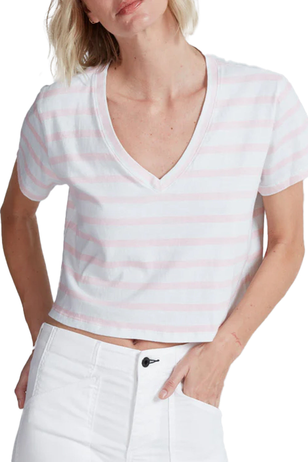 Shrunken V Tee in Thin Stripe Pink