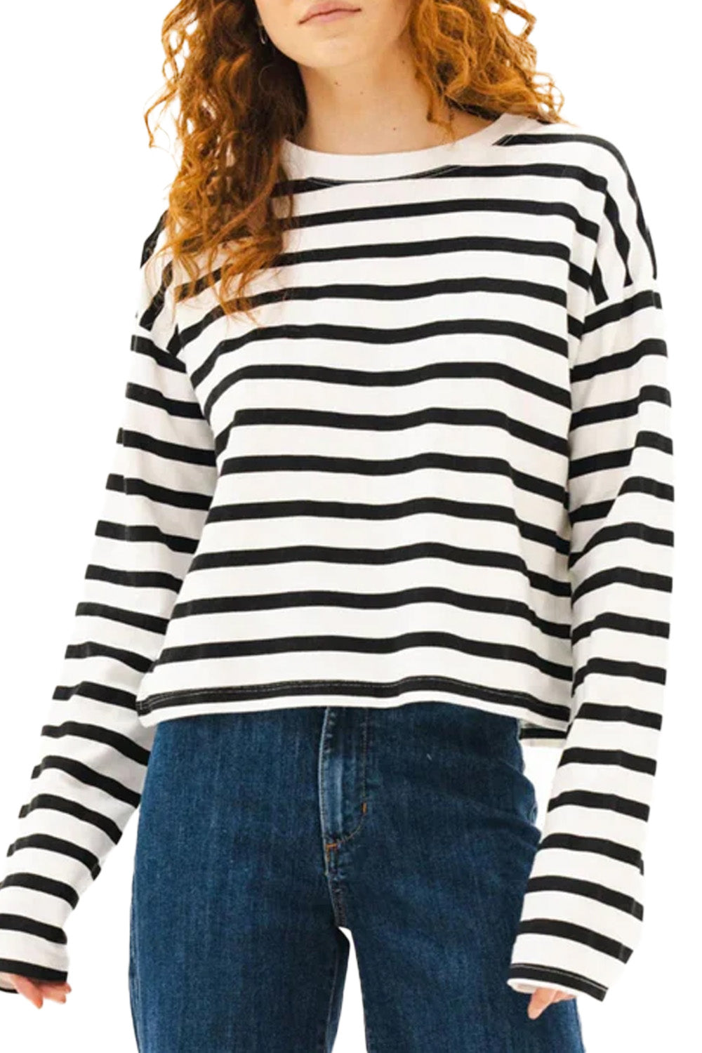 Cropped Long Sleeve in White Thin Stripe