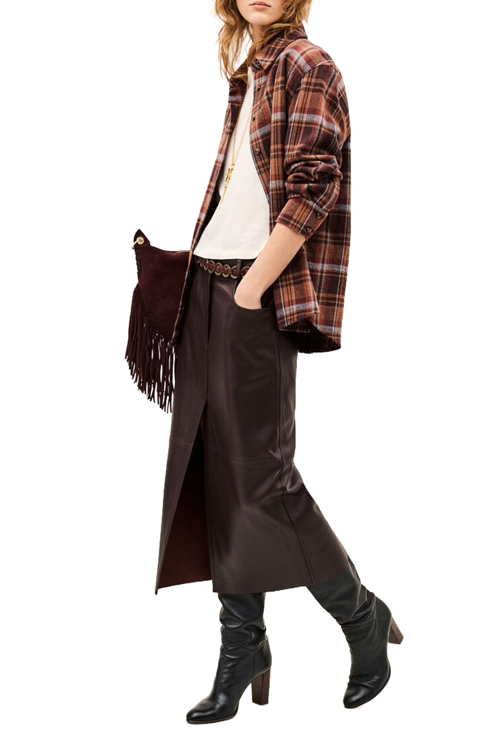 Solene Leather Pencil Skirt in Aubergine