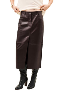 Solene Leather Pencil Skirt in Aubergine