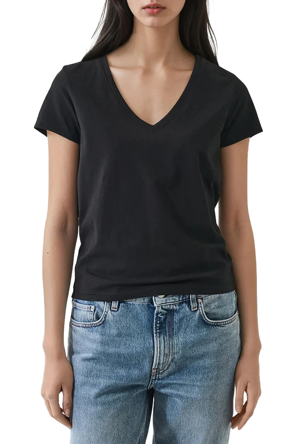 Iconic Pima Stretch Fitted V Neck in Black