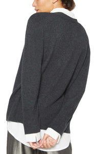 Callie Layered Looker Cardigan in Dark Charcoal Melange with White Underlayer