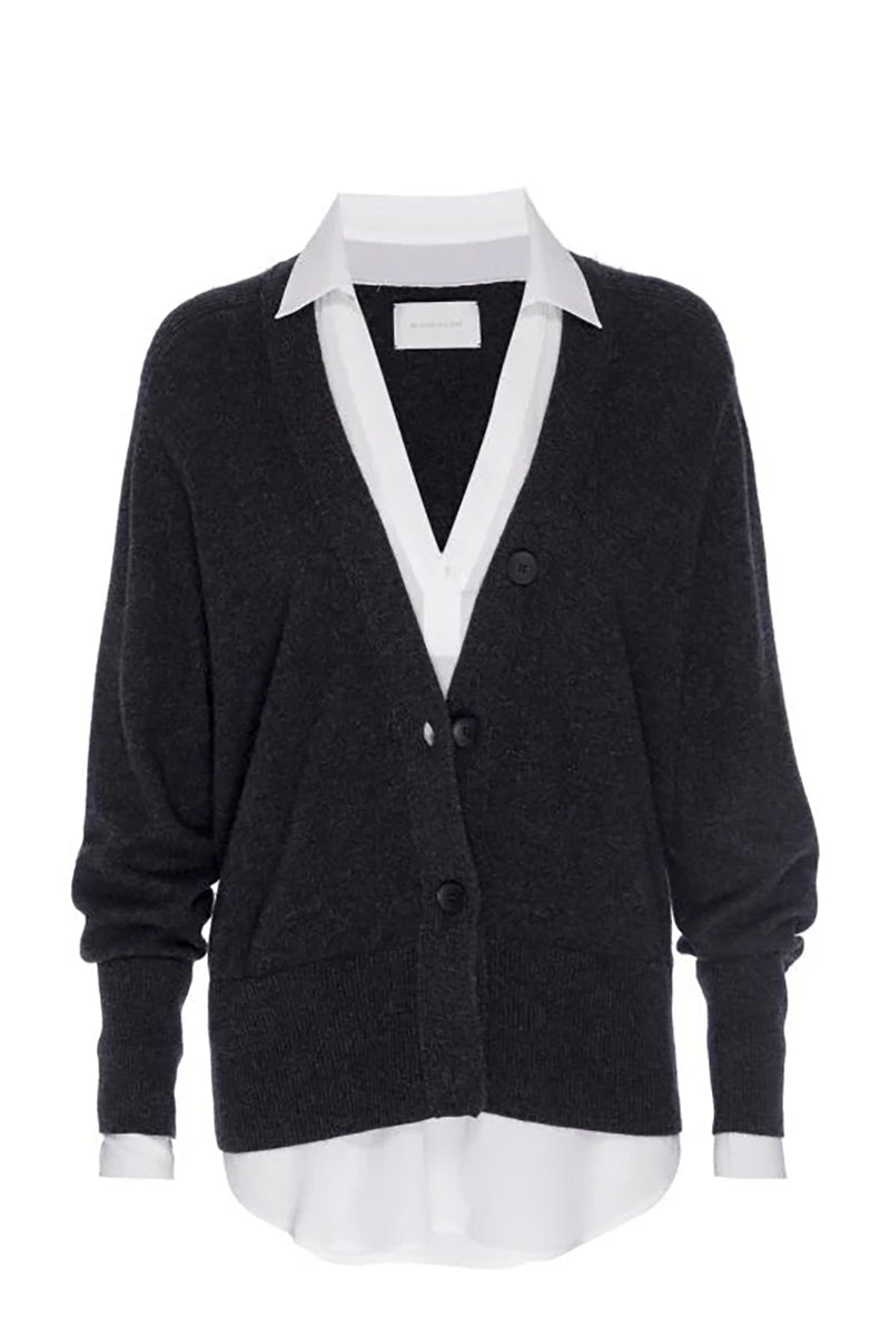 Callie Layered Looker Cardigan in Dark Charcoal Melange with White Underlayer