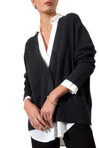 Callie Layered Looker Cardigan in Dark Charcoal Melange with White Underlayer