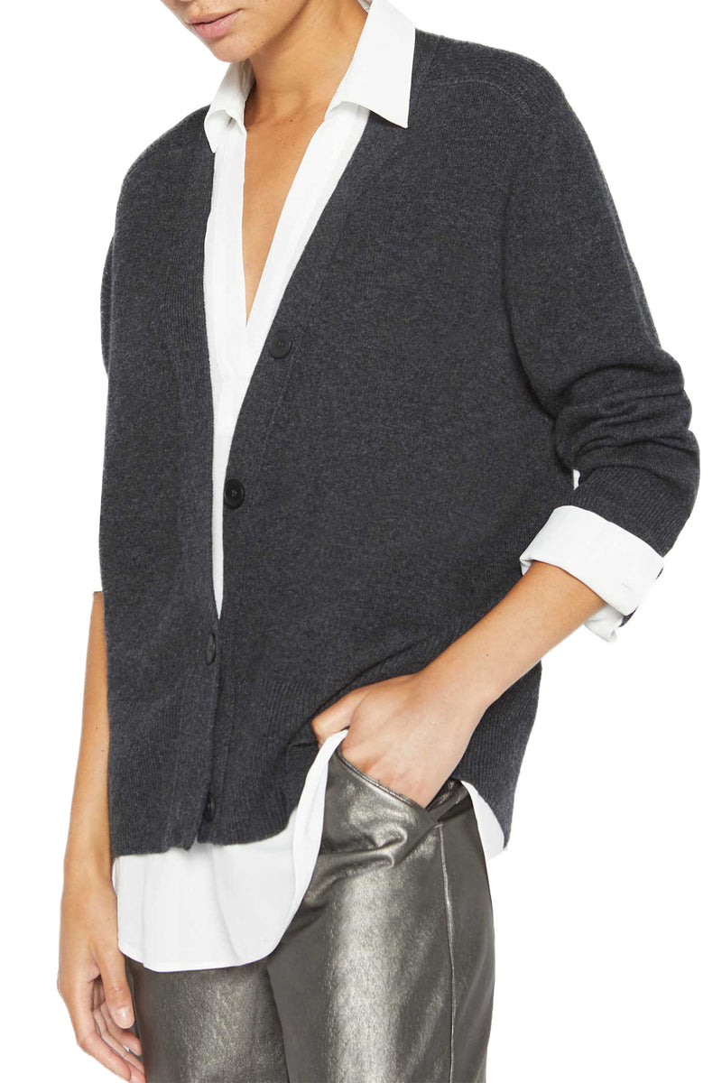 Callie Layered Looker Cardigan in Dark Charcoal Melange with White Underlayer