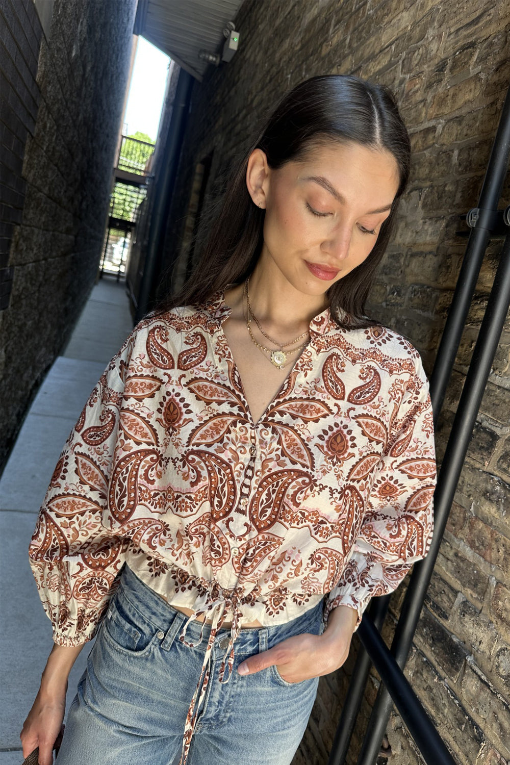 Perrin Top in Palm Paisley Ivory