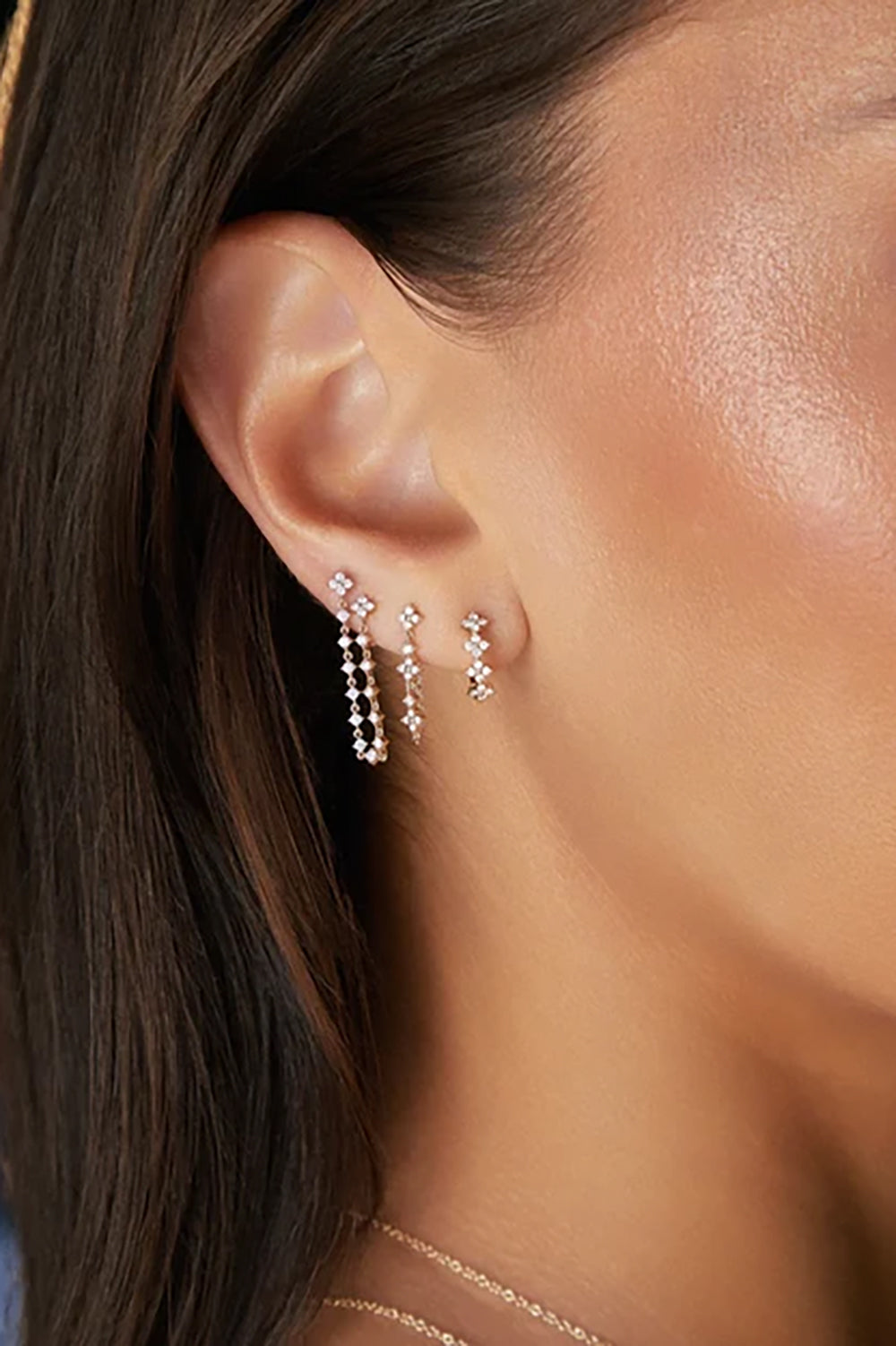 Diamond Fleur Chain Stud Earring in 14k Yellow Gold