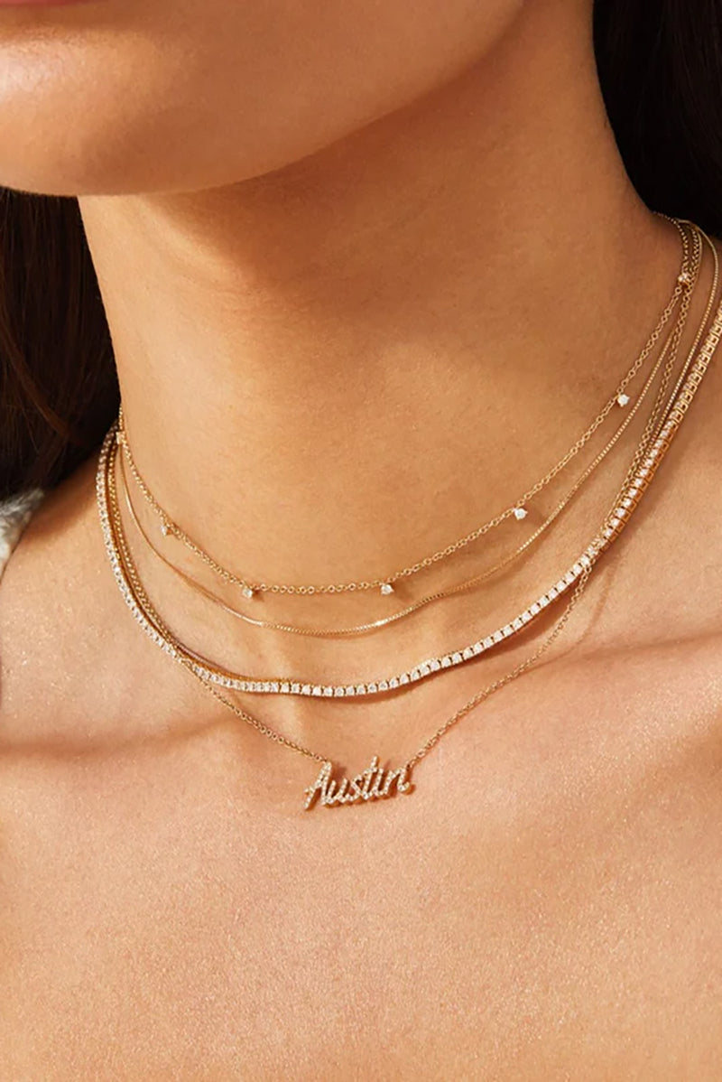 7 Prong Set Diamond Necklace in 14k Yellow Gold