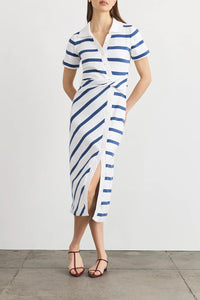 Short Sleeve Ellicot Dress in White French Blue Wide Stripe