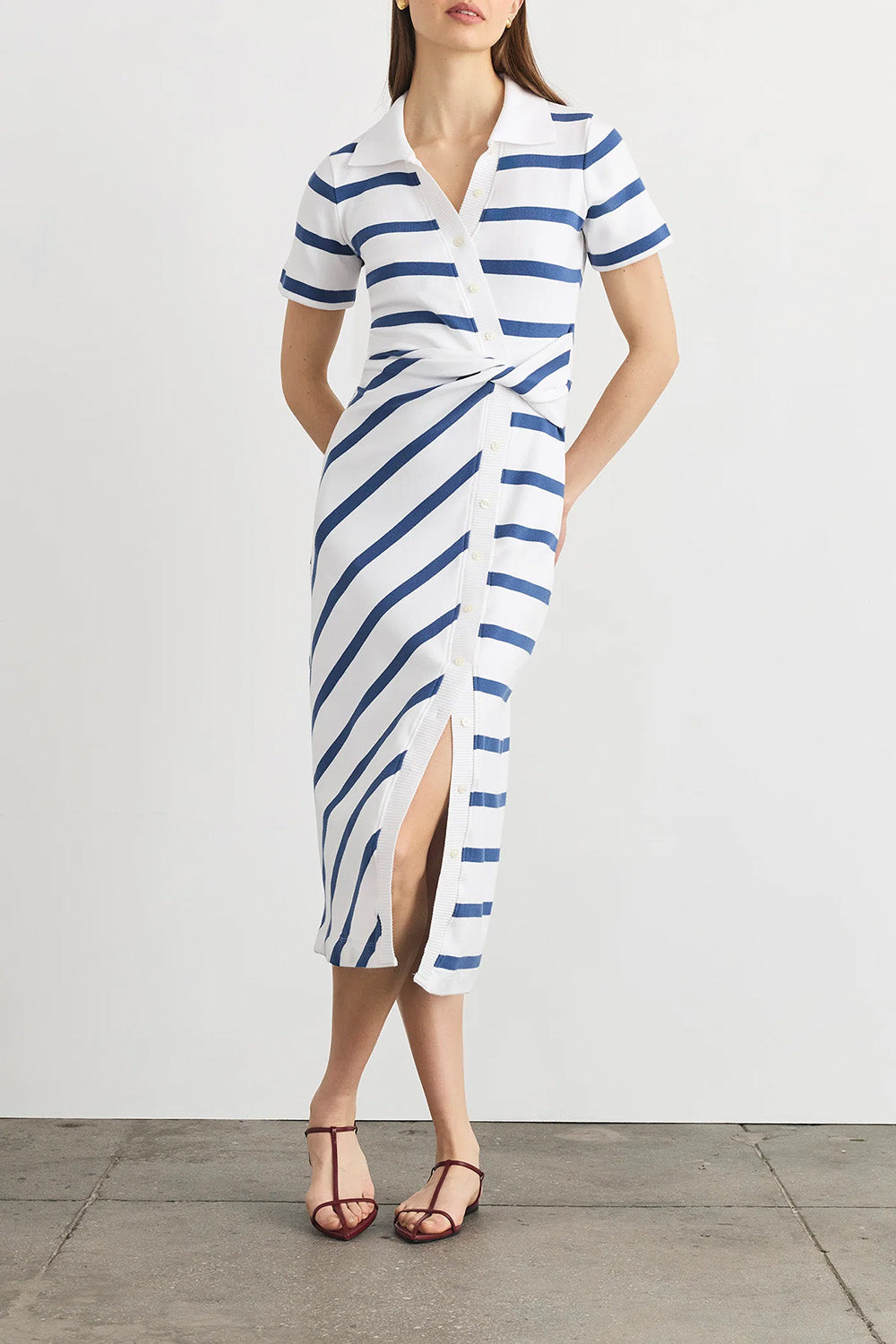 Short Sleeve Ellicot Dress in White French Blue Wide Stripe