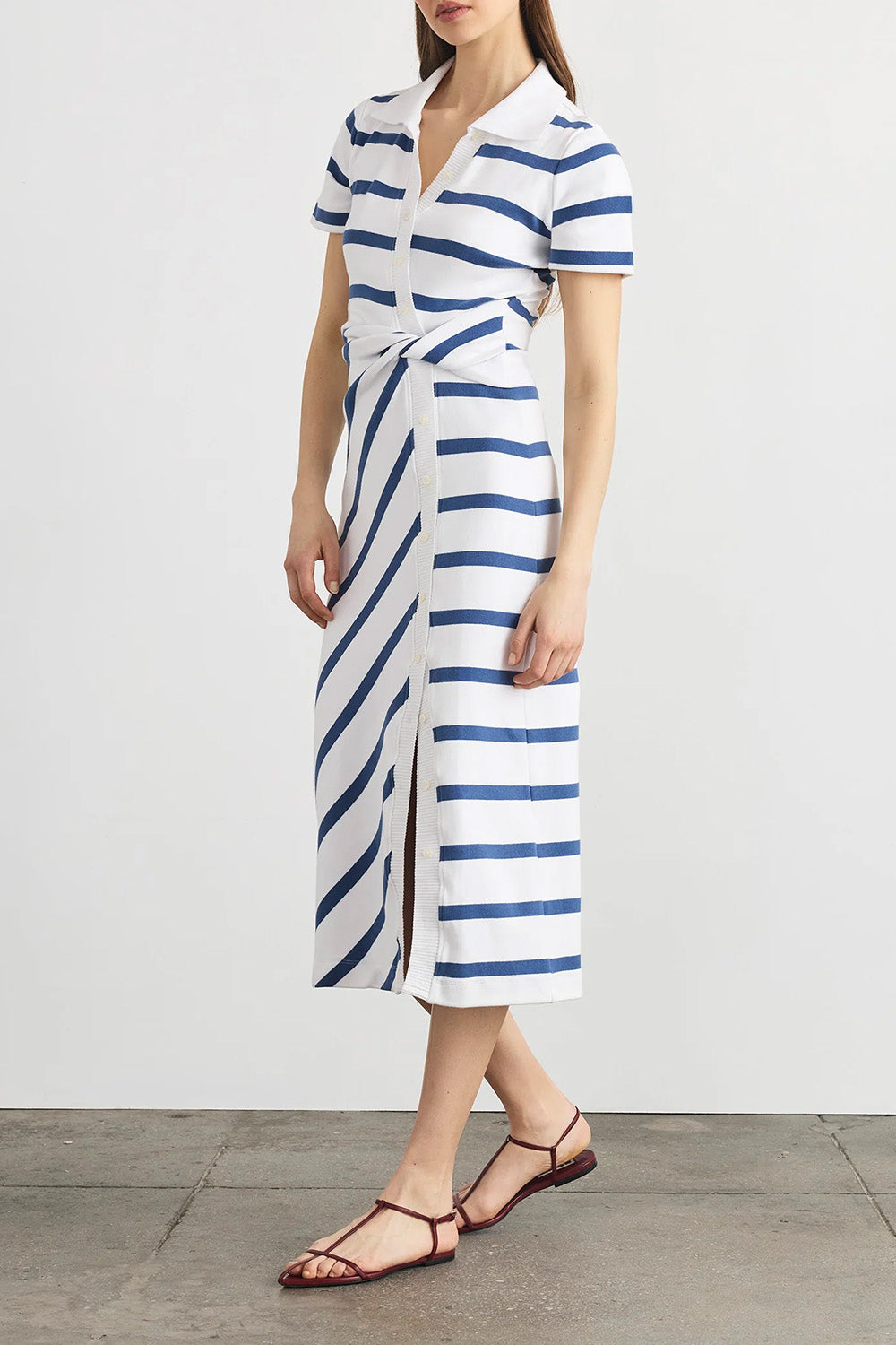 Short Sleeve Ellicot Dress in White French Blue Wide Stripe