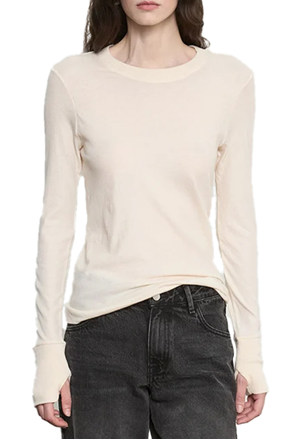 Fine Cashmere Jersey Easy Cuffed Crew in Natural