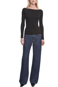 Silk Rib Boatneck Top in Black