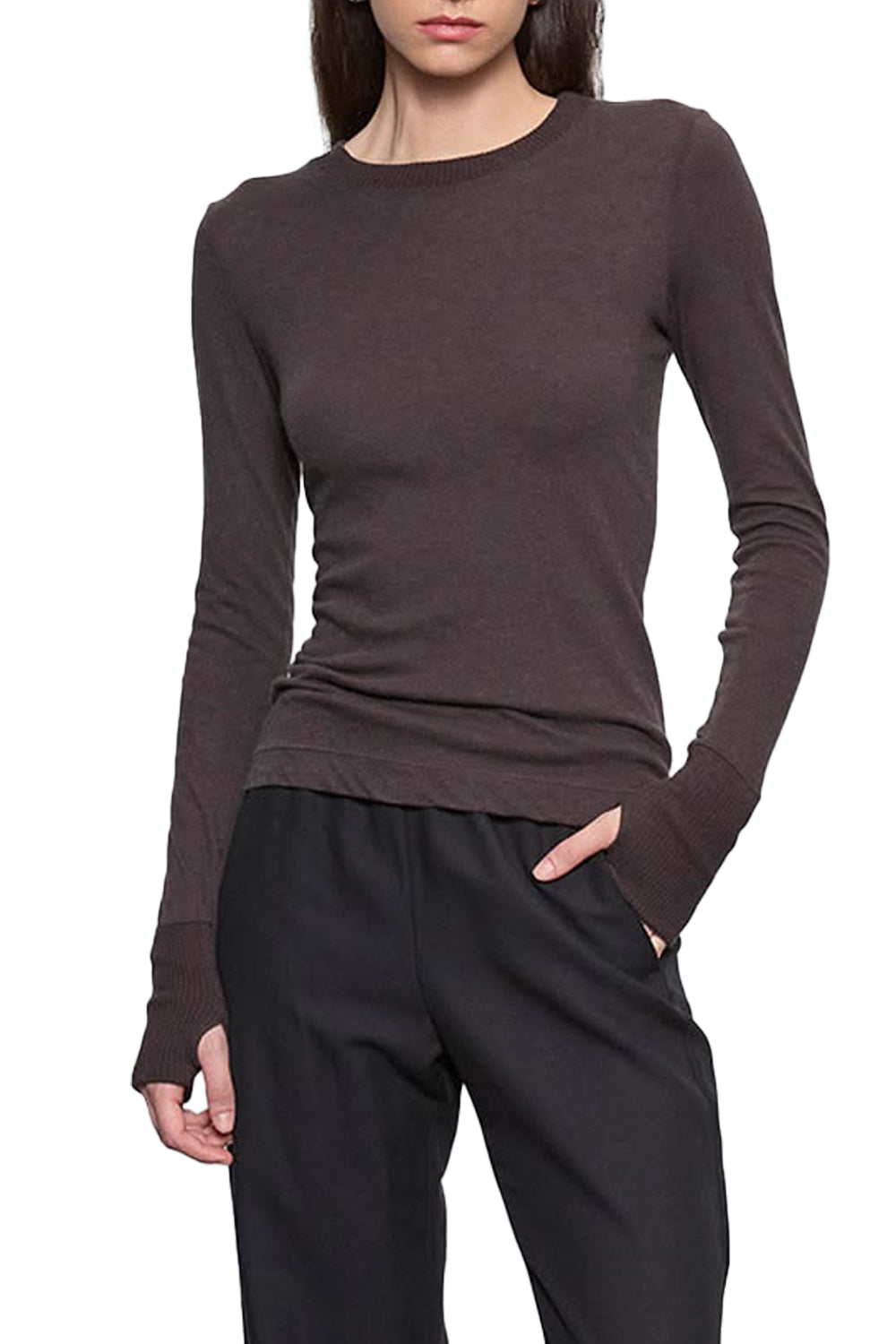 Fine Cashmere Jersey Easy Cuffed Crew in Dark Brown
