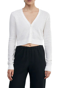 Linen Open Knit Cropped V Neck Cardigan in White