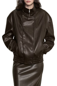Oversized Leather Bomber Jacket in Coffee