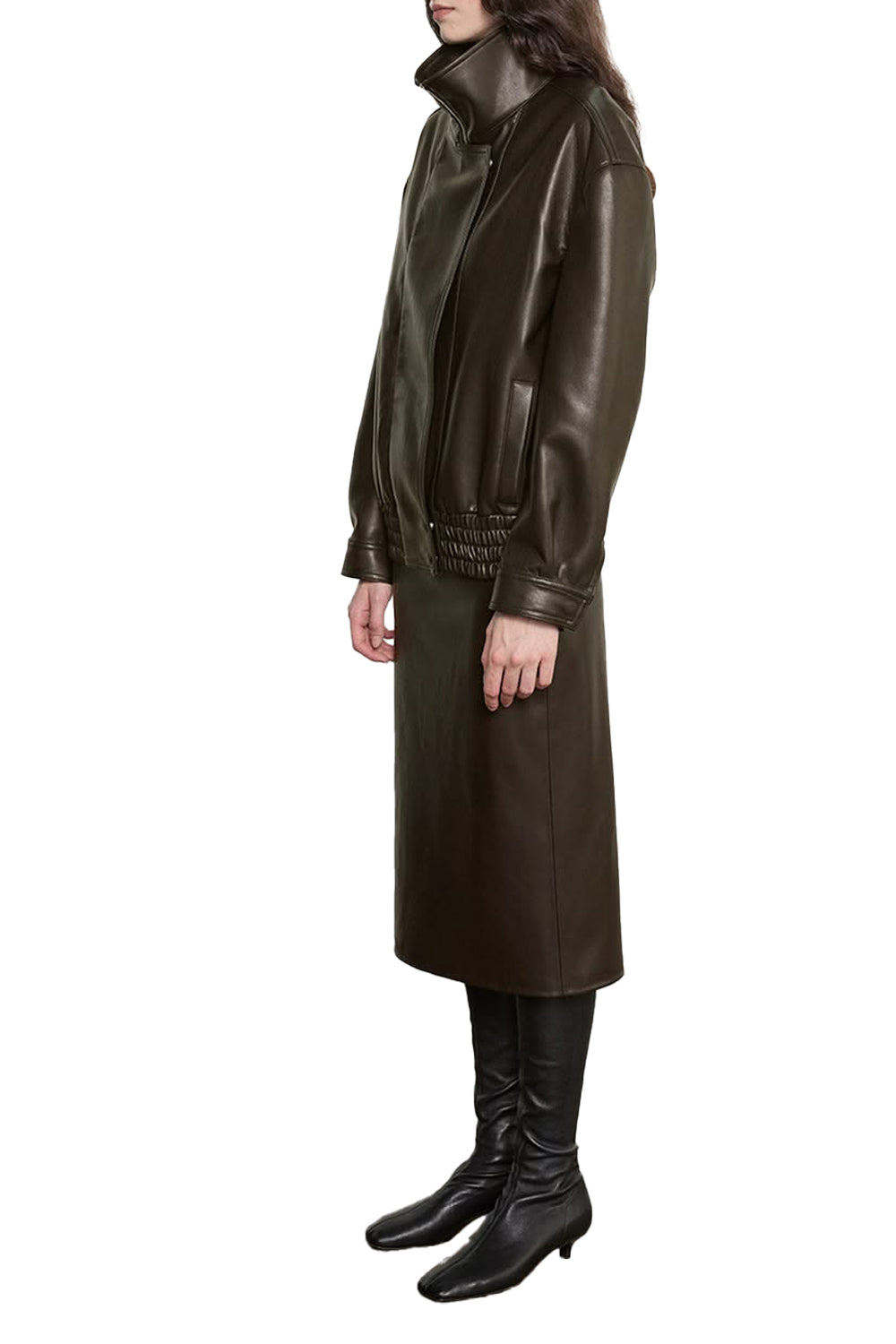 Oversized Leather Bomber Jacket in Coffee