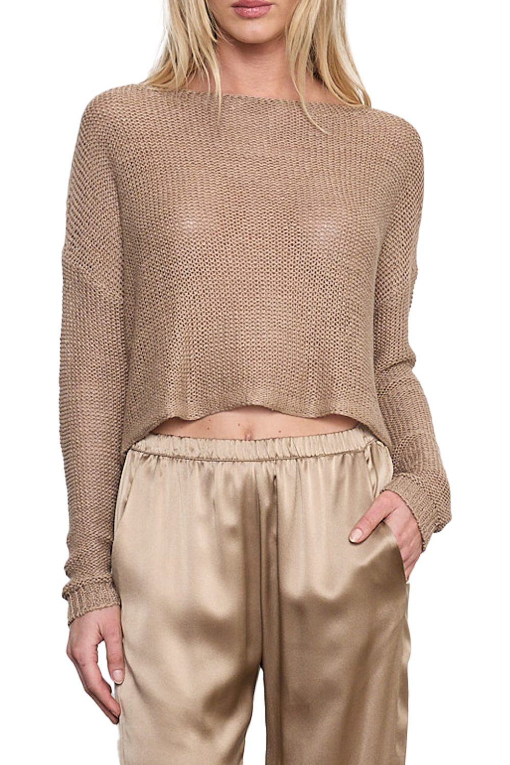 Linen Open Knit Bateau Sweater in Flax