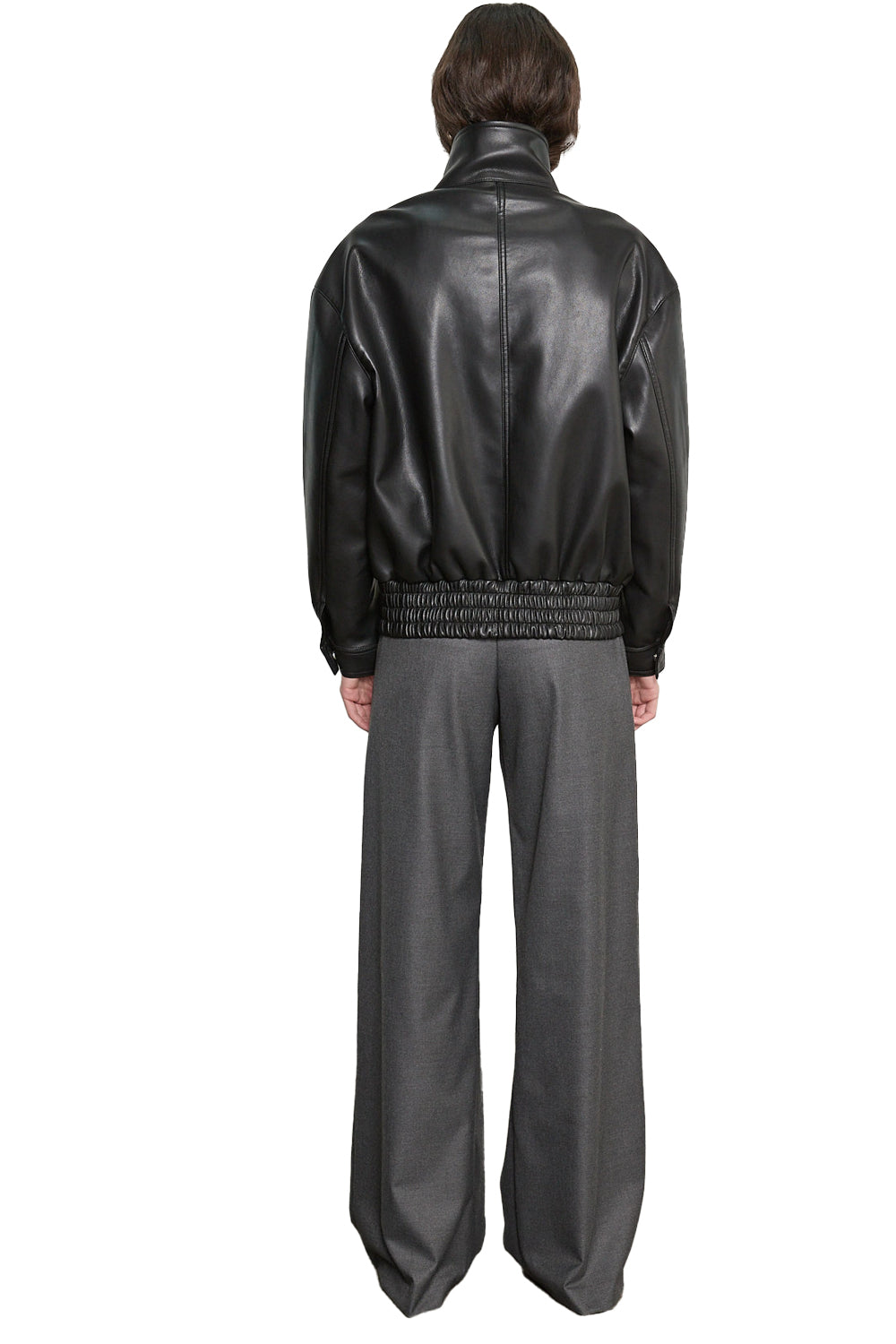 Oversized Leather Bomber Jacket in Coffee
